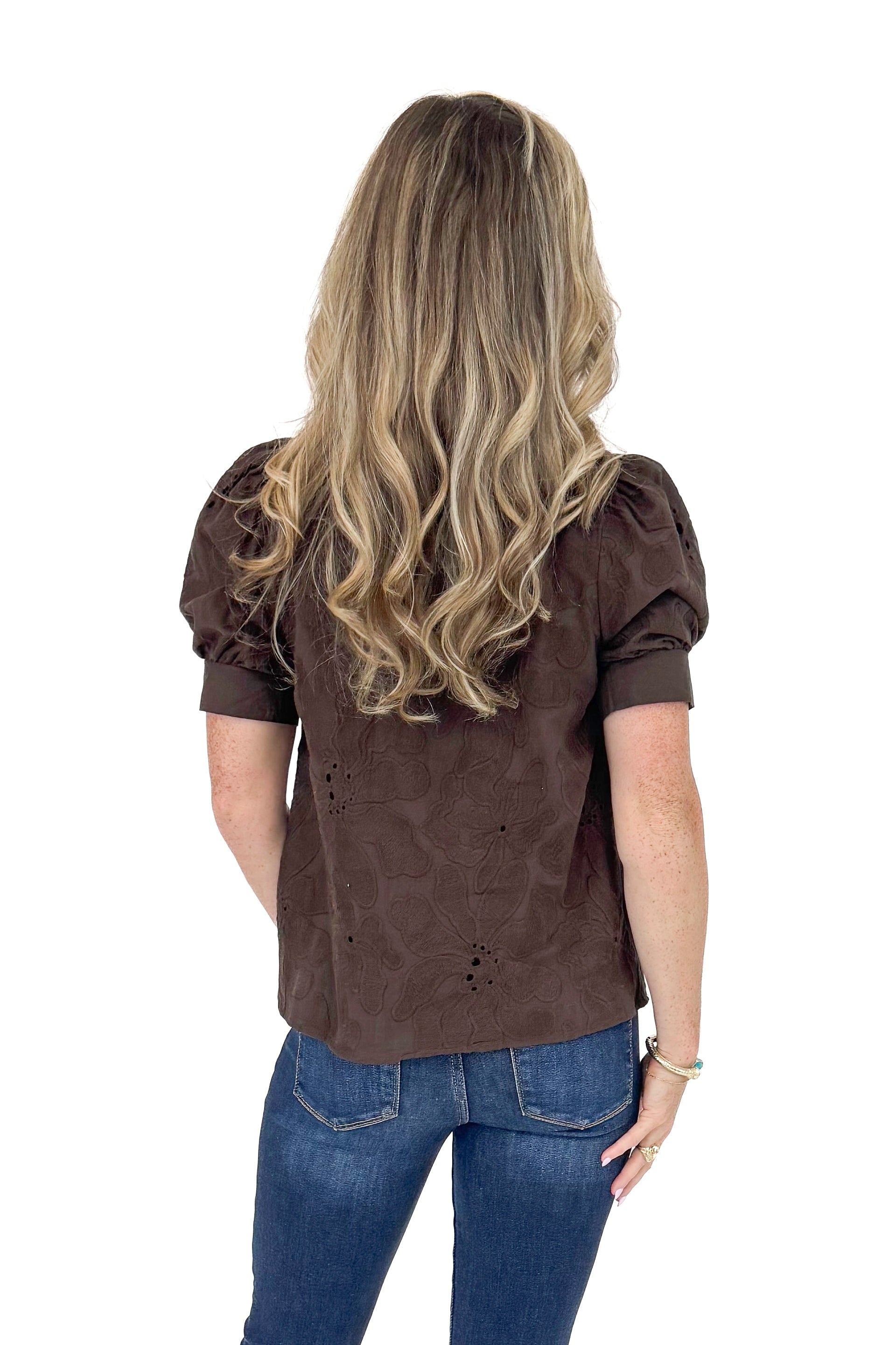 Pourover Perfection Brown Lace Puff Sleeve Top