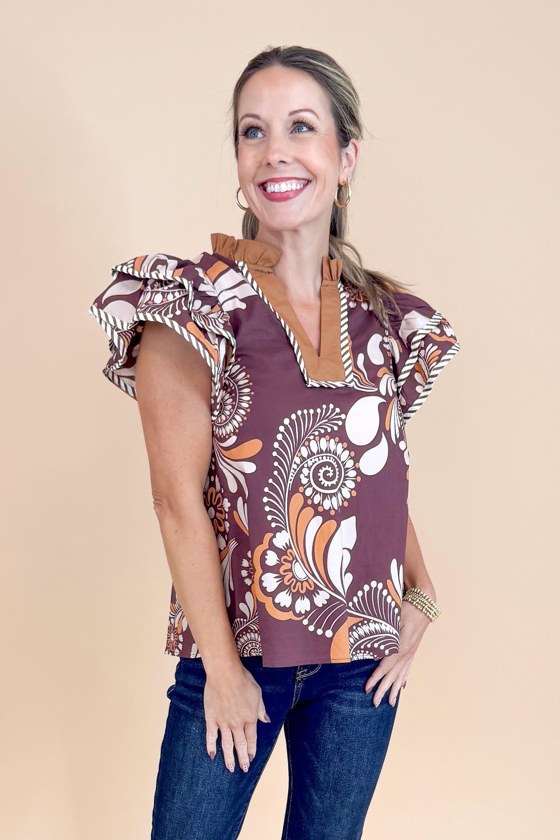 Sweet Thing Brown &amp; Rust Printed Flutter Sleeve Top by Entro