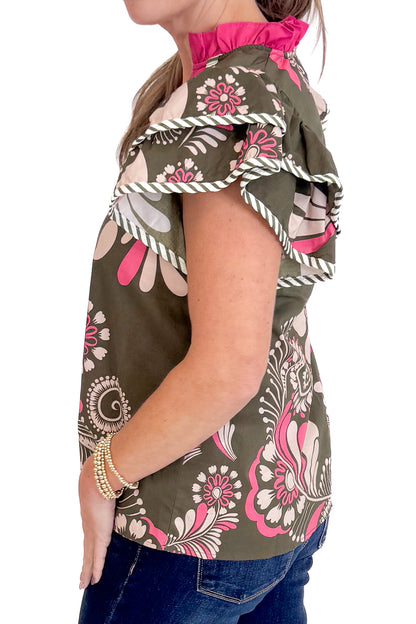 Sweet Thing Olive &amp; Pink Printed Flutter Sleeve Top by Entro