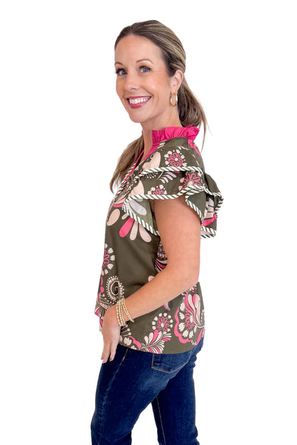 Sweet Thing Olive &amp; Pink Printed Flutter Sleeve Top by Entro
