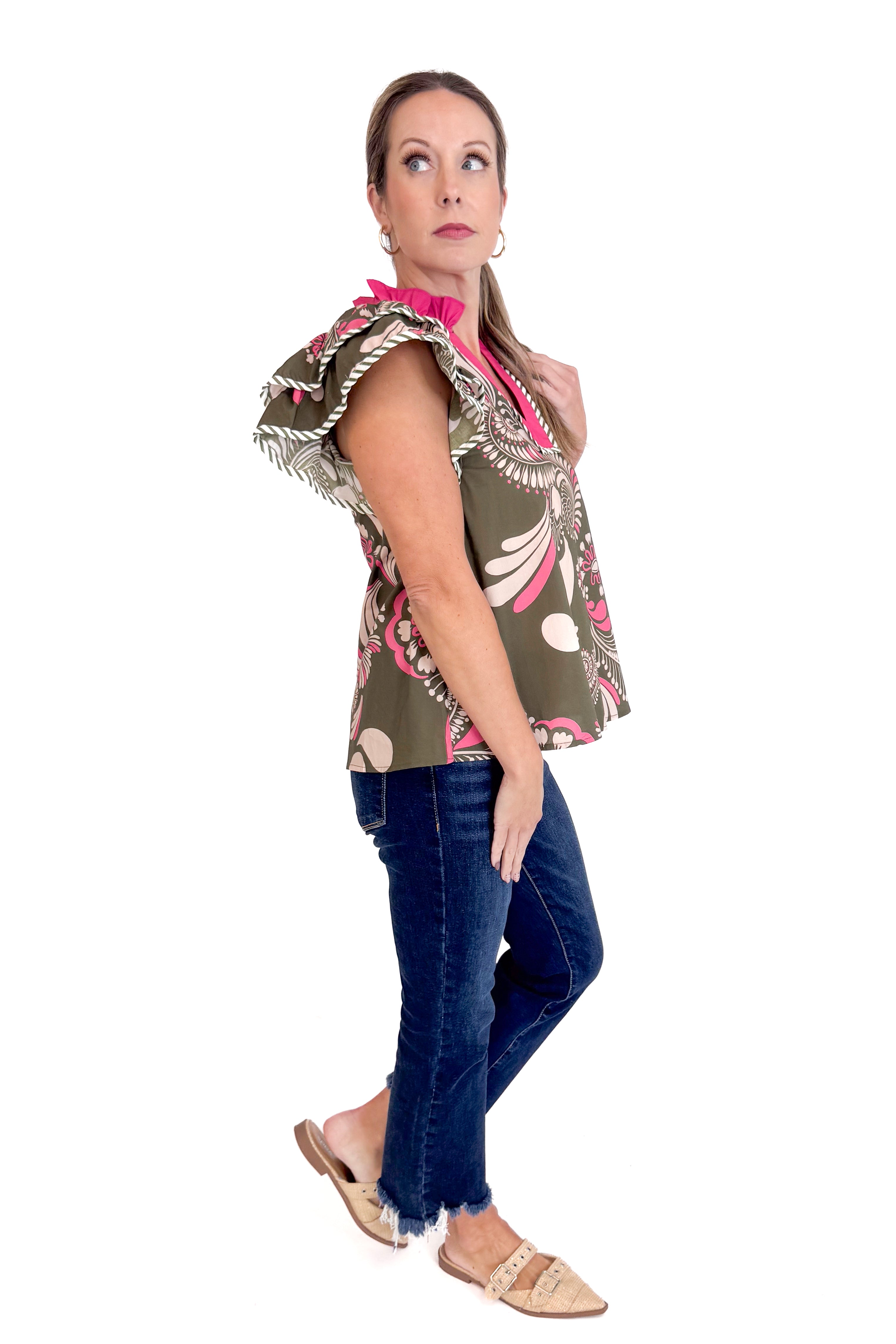 Sweet Thing Olive &amp; Pink Printed Flutter Sleeve Top by Entro