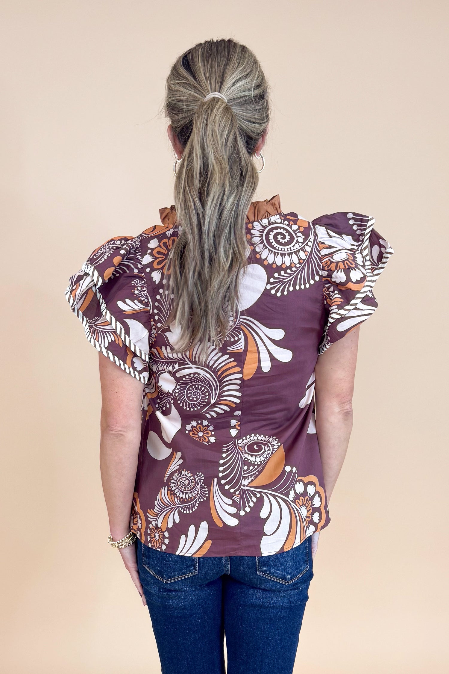 Sweet Thing Brown &amp; Rust Printed Flutter Sleeve Top by Entro