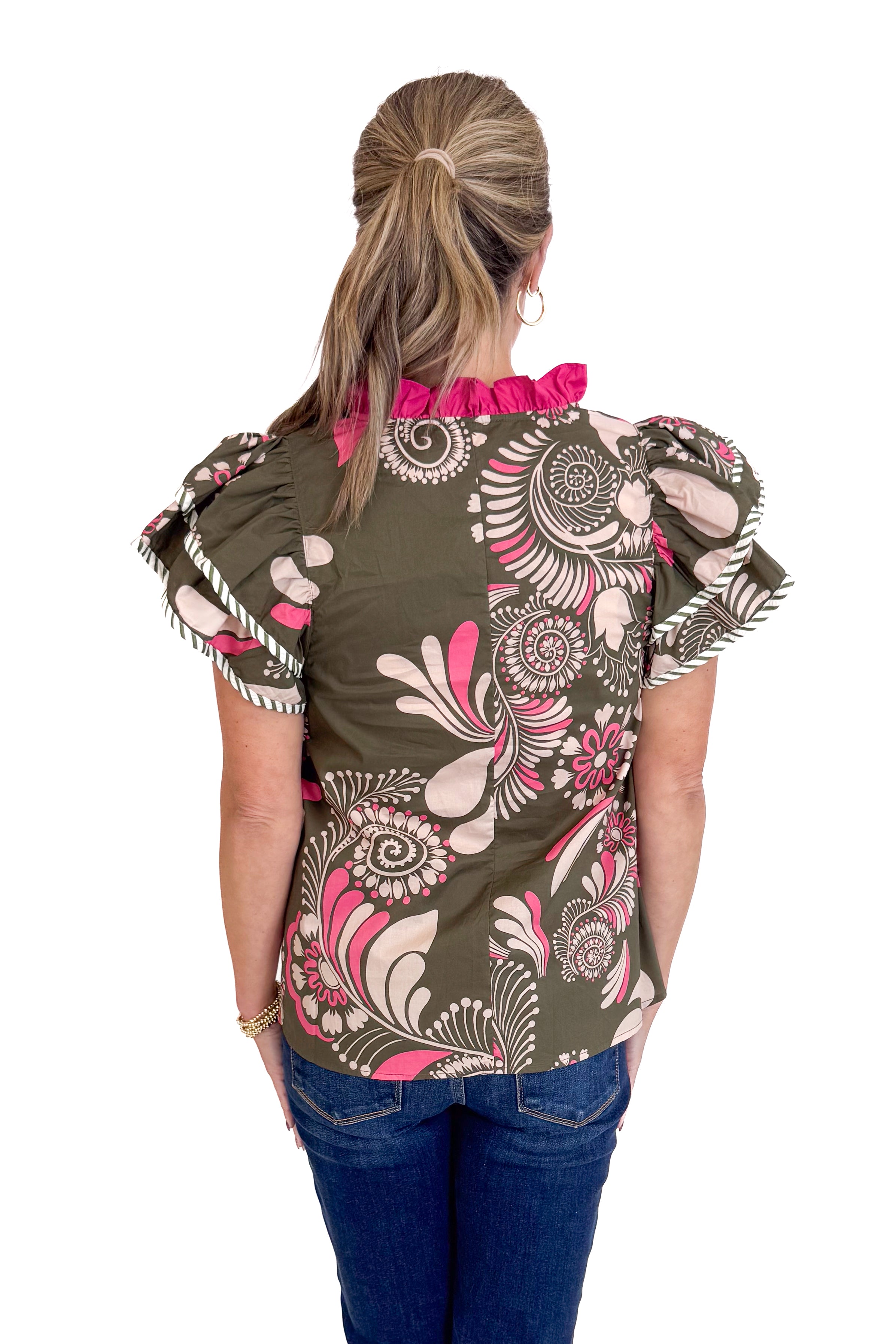 Sweet Thing Olive &amp; Pink Printed Flutter Sleeve Top by Entro
