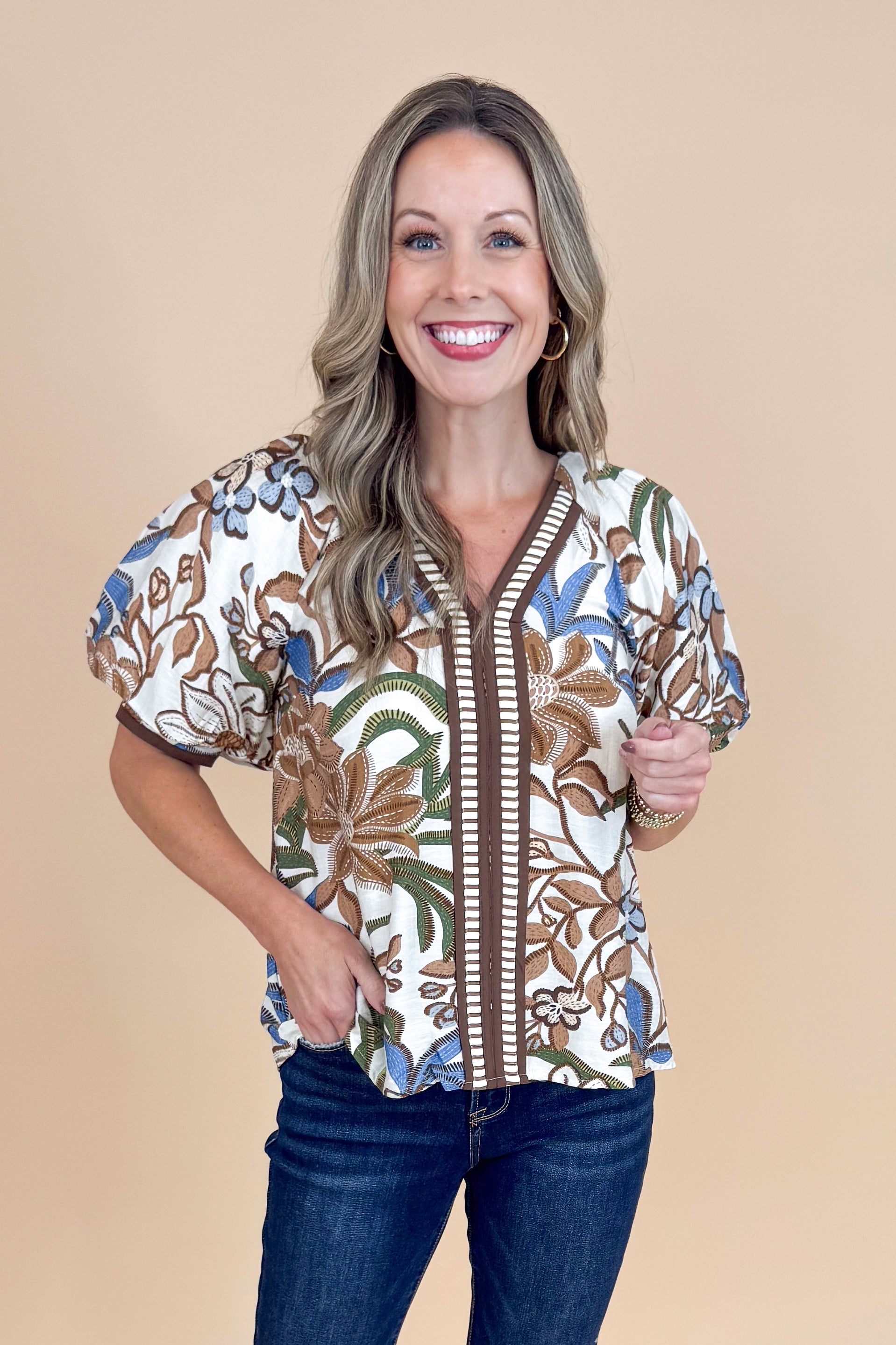 First Class Favorite Brown &amp; Blue Floral &amp; Stripe Accent V-neck Top by Entro