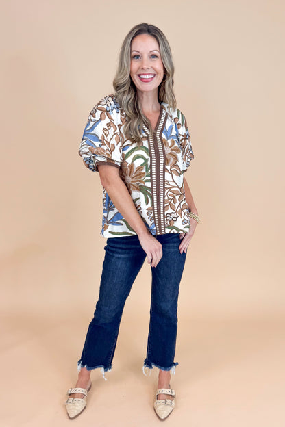 First Class Favorite Brown &amp; Blue Floral &amp; Stripe Accent V-neck Top by Entro