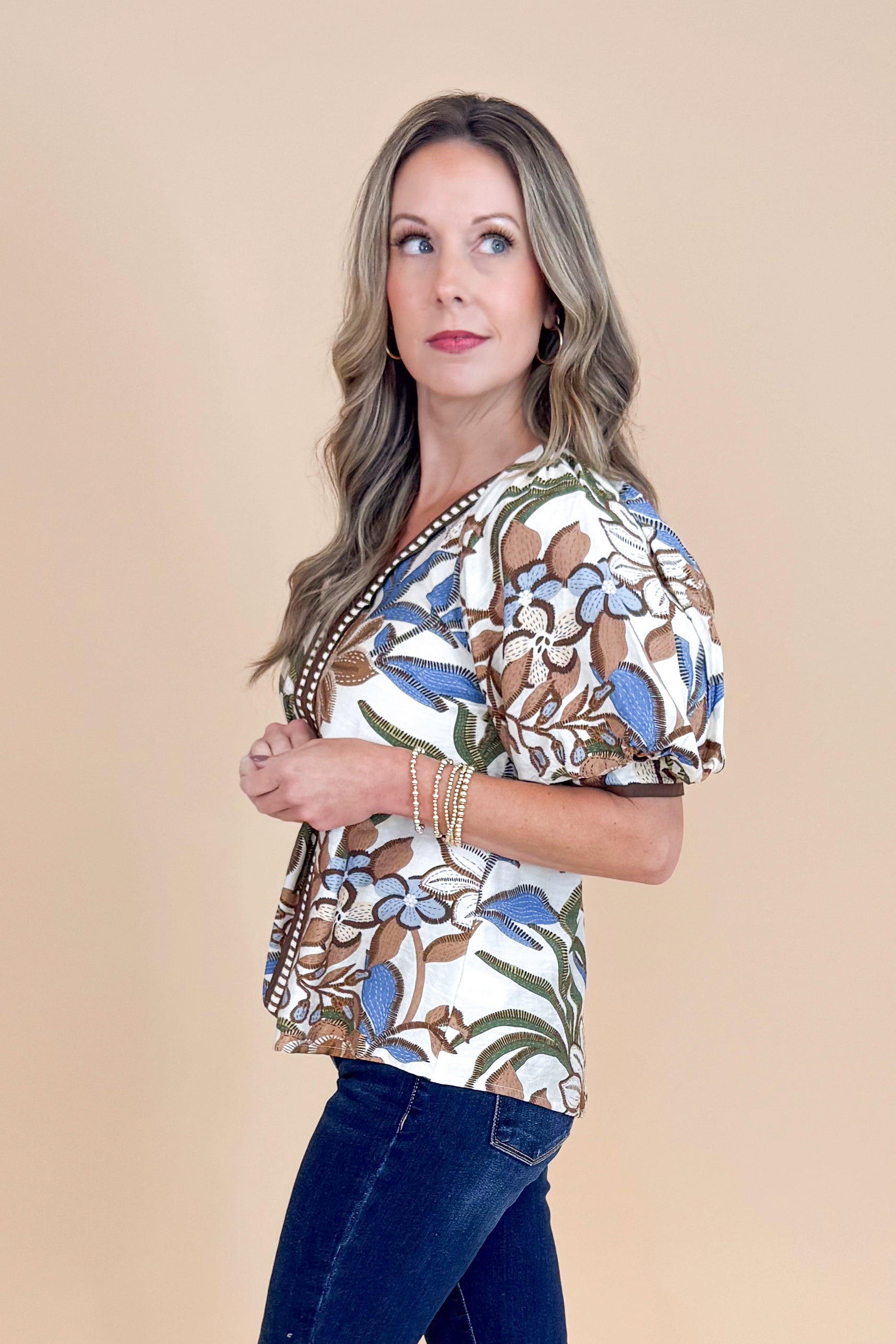 First Class Favorite Brown &amp; Blue Floral &amp; Stripe Accent V-neck Top by Entro