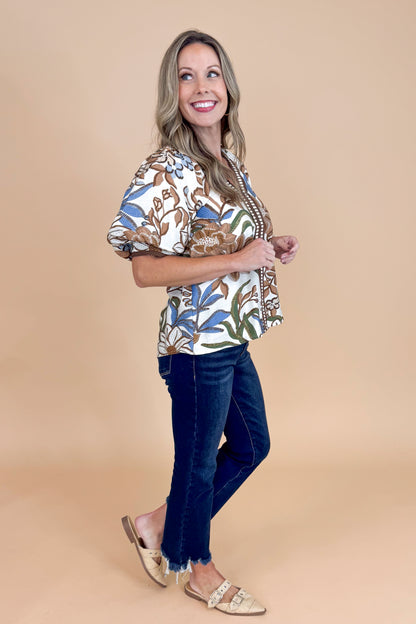 First Class Favorite Brown &amp; Blue Floral &amp; Stripe Accent V-neck Top by Entro