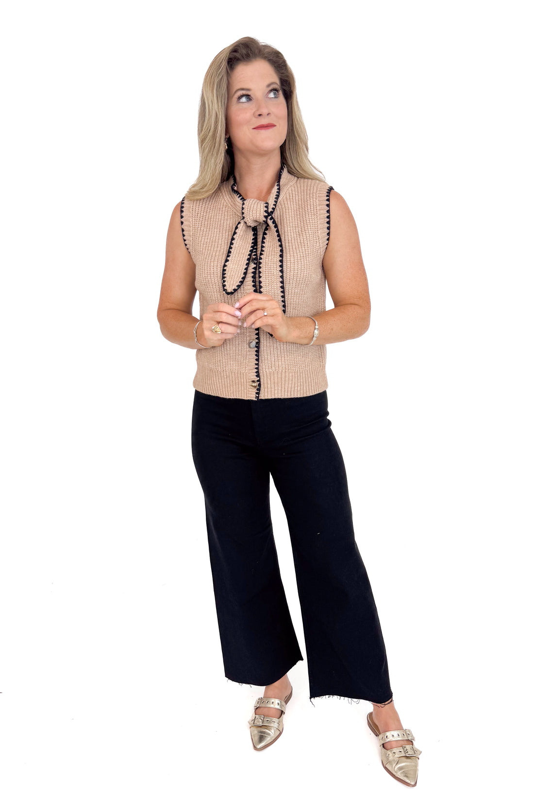 Twilight Tastings Taupe Stitch Detail Tie Front Sleeveless Sweater by Entro