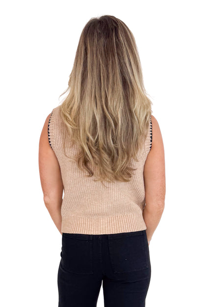 Twilight Tastings Taupe Stitch Detail Tie Front Sleeveless Sweater by Entro