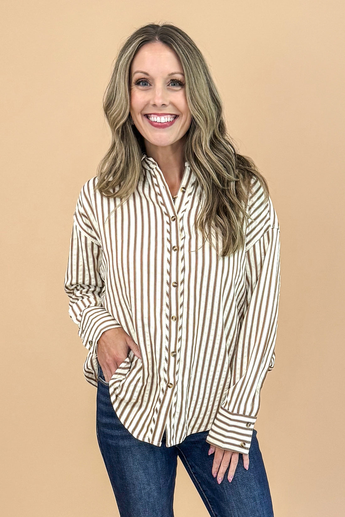 Wilder Than Ever Brown and Ecru Striped Button Up Top