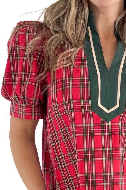Front detailed view of woman wearing Red Tartan With Green V-neck Detail Top against white studio background.