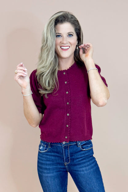 Merlot Mood Wine Scallop Detail Short Sleeve Cardigan by Entro