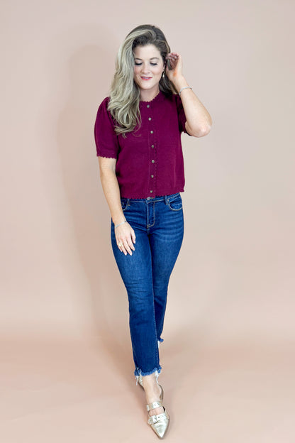 Merlot Mood Wine Scallop Detail Short Sleeve Cardigan by Entro