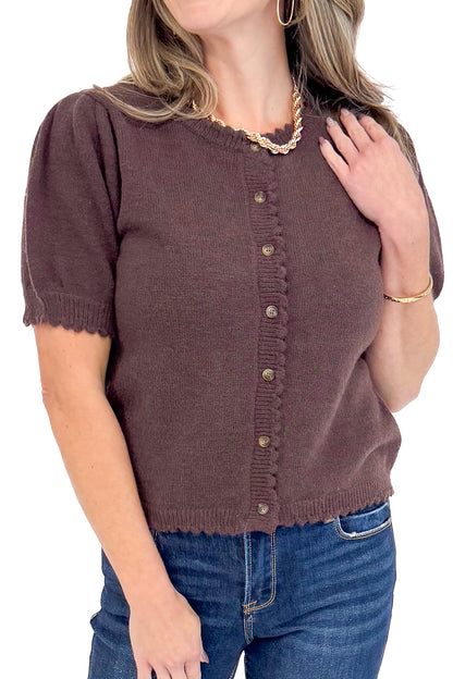 Close-up detail of Merlot Mood Chocolate Scallop Detail Short Sleeve Cardigan showing intricate scalloped trim and rich chocolate color