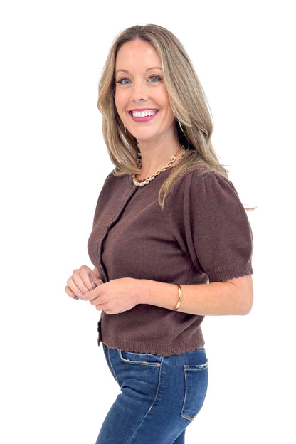 Merlot Mood Chocolate Scallop Detail Short Sleeve Cardigan by Entro - side view highlighting the elegant scalloped detailing