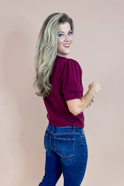 Merlot Mood Wine Scallop Detail Short Sleeve Cardigan by Entro