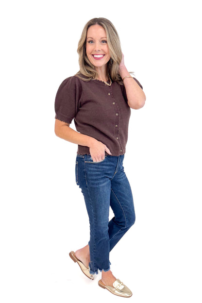 Merlot Mood Chocolate Scallop Detail Short Sleeve Cardigan by Entro - side view highlighting the elegant scalloped detailing