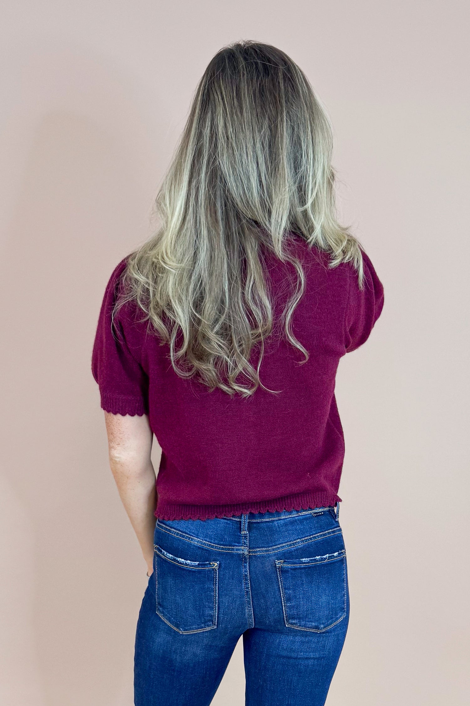 Merlot Mood Wine Scallop Detail Short Sleeve Cardigan by Entro
