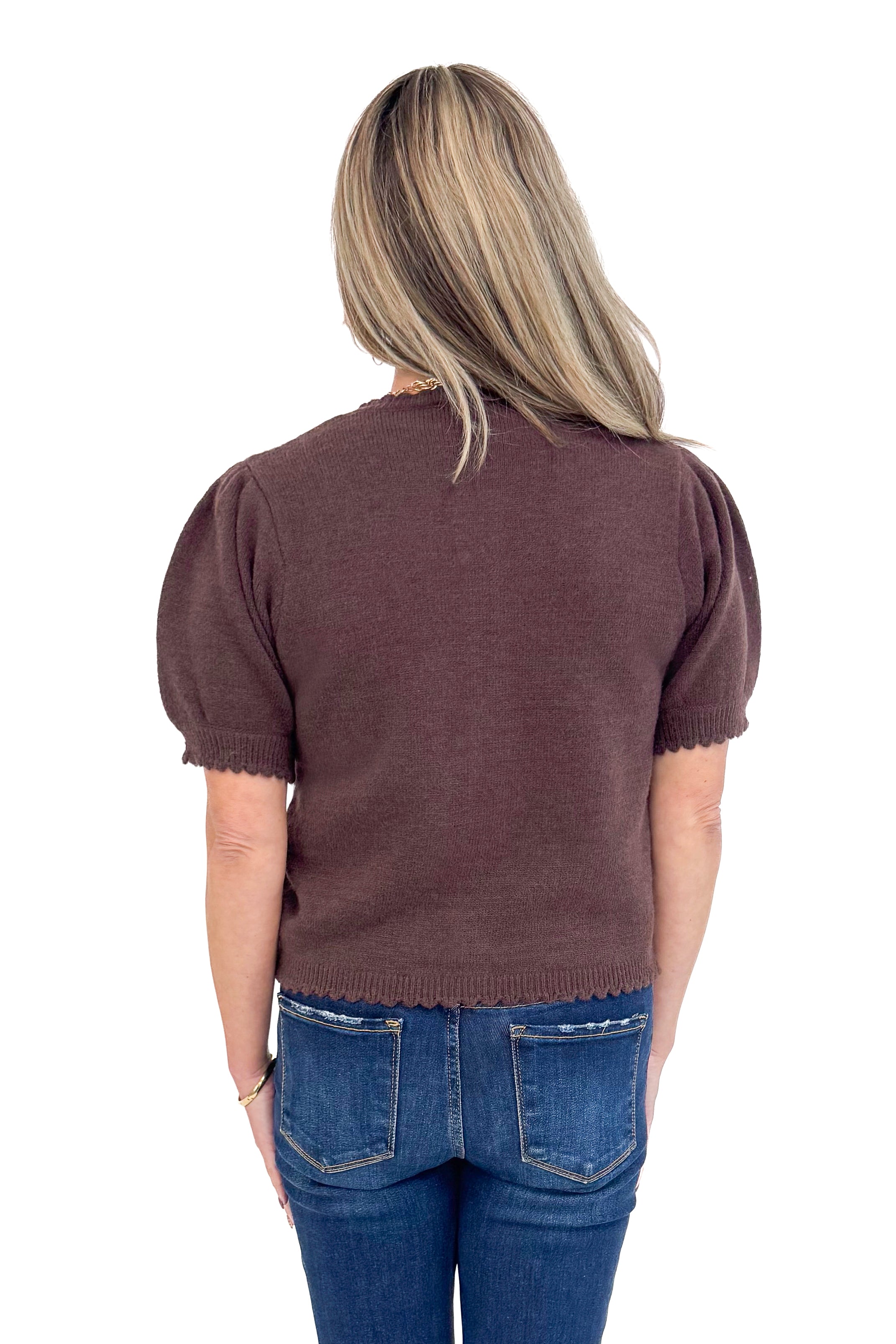 Merlot Mood Chocolate Scallop Detail Short Sleeve Cardigan by Entro - rear view highlighting the elegant scalloped detailing