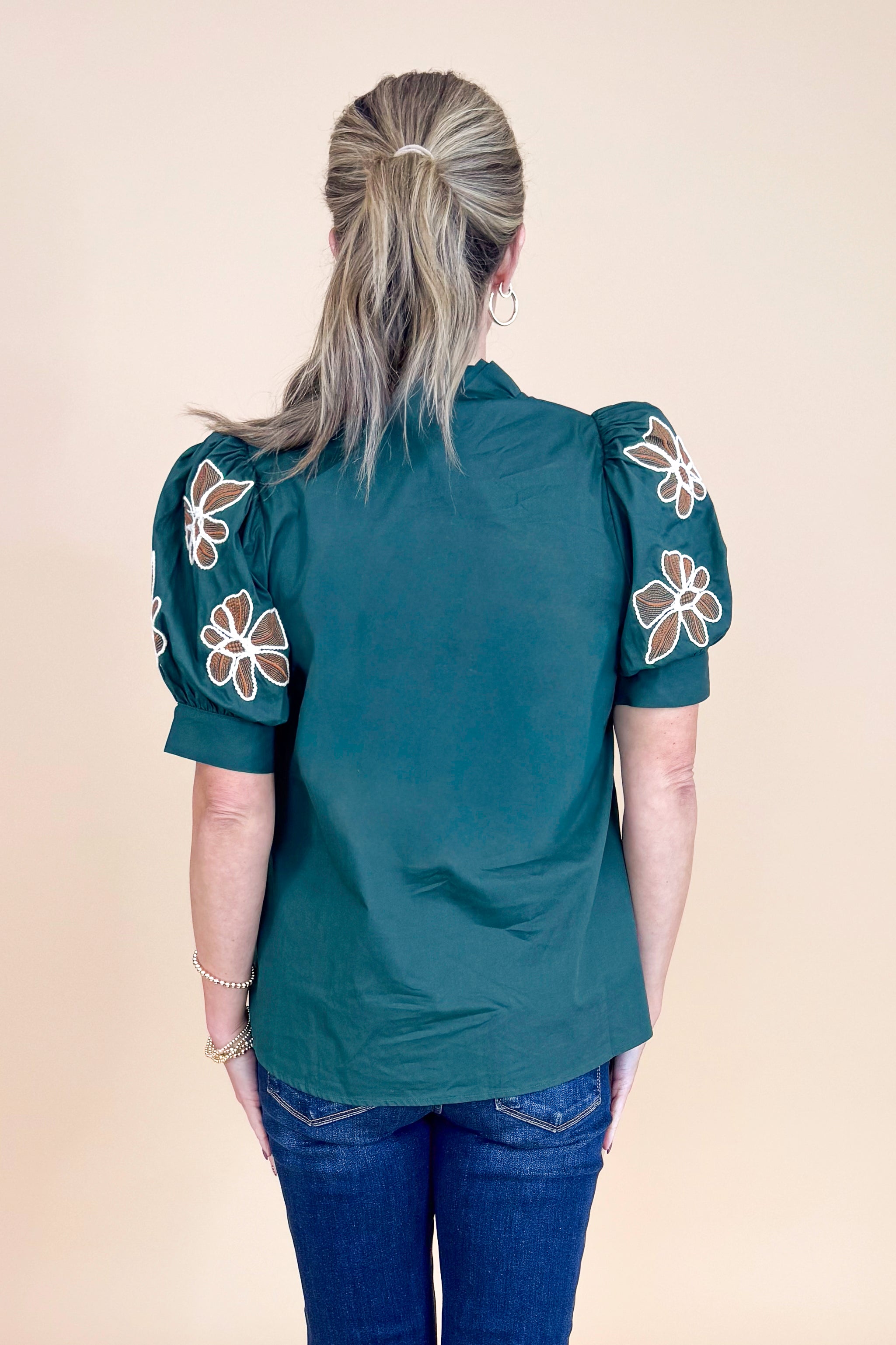 Hold My Hand Hunter Green With Floral Embroidered Short Sleeve Top by Entro