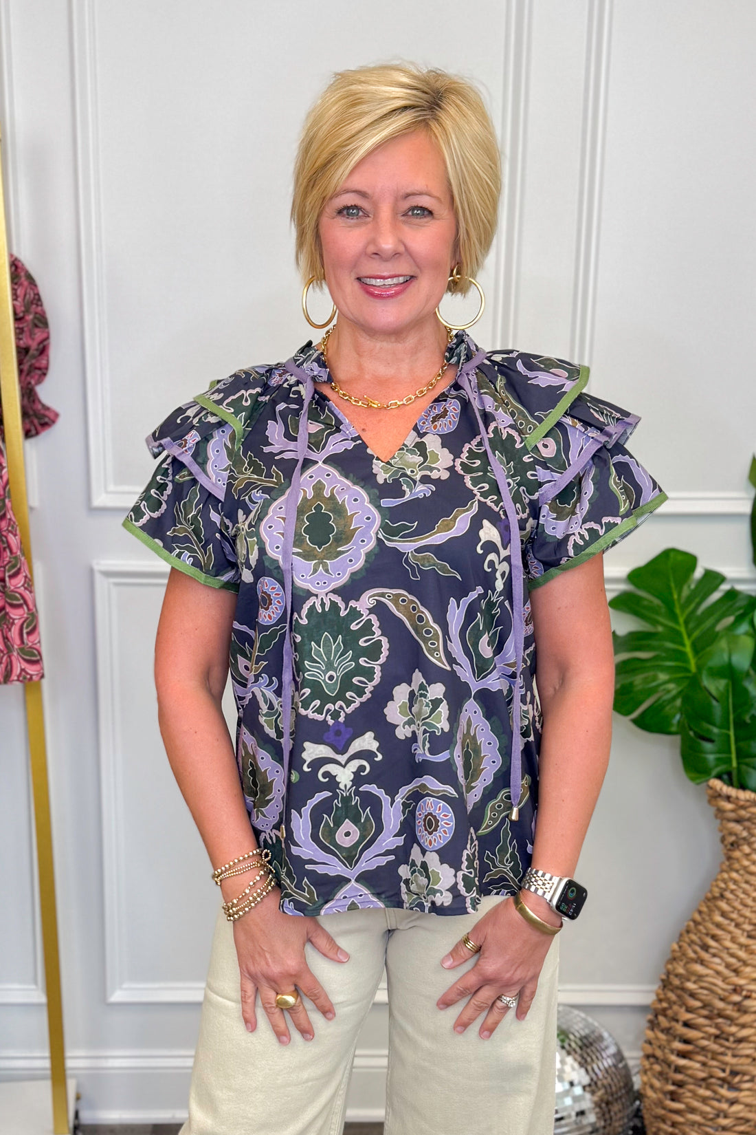 Enchanted Evenings Purple &amp; Multi Printed Flutter Sleeve Top by Entro