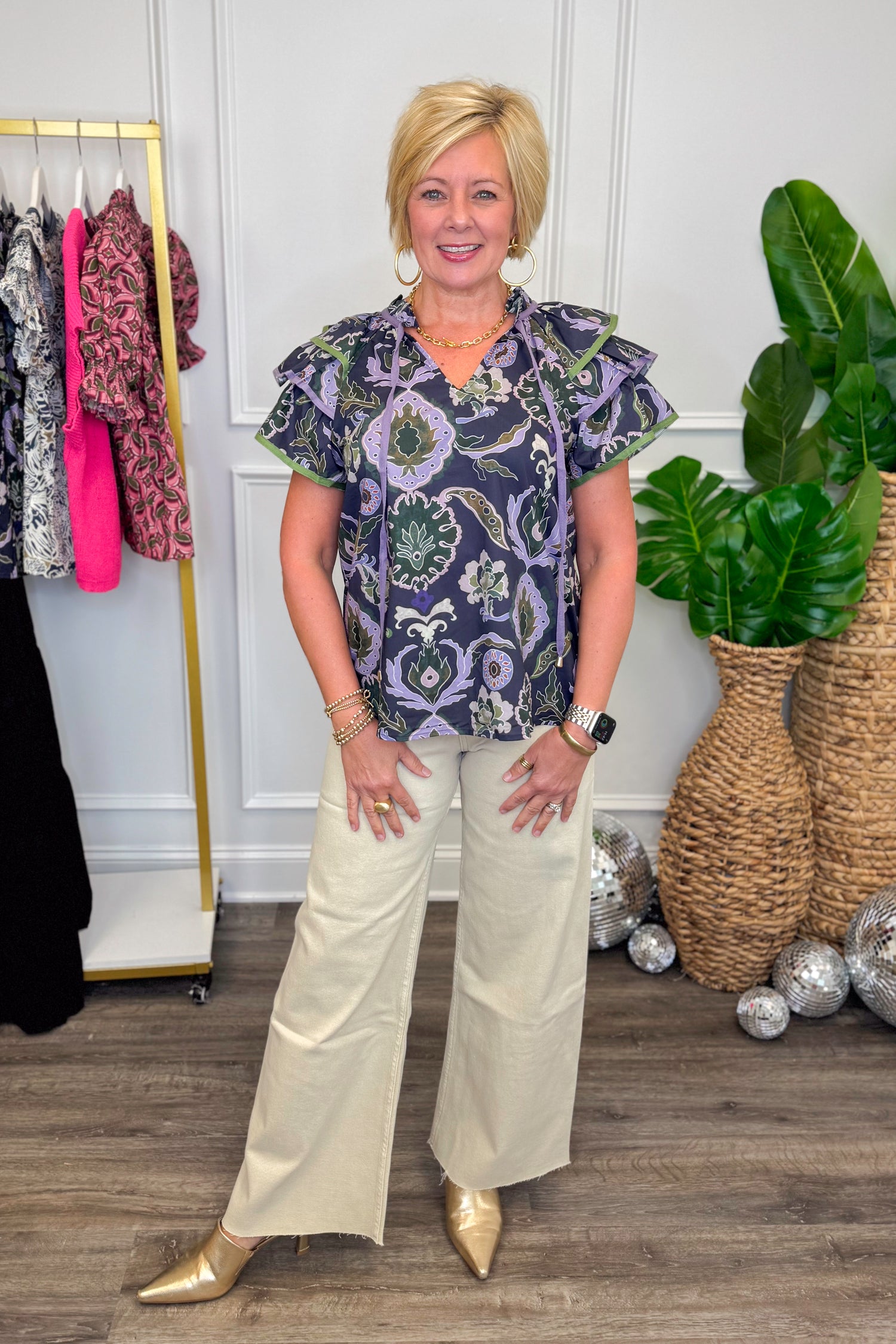 Enchanted Evenings Purple &amp; Multi Printed Flutter Sleeve Top by Entro