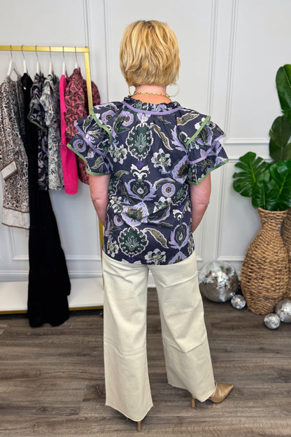 Enchanted Evenings Purple &amp; Multi Printed Flutter Sleeve Top by Entro