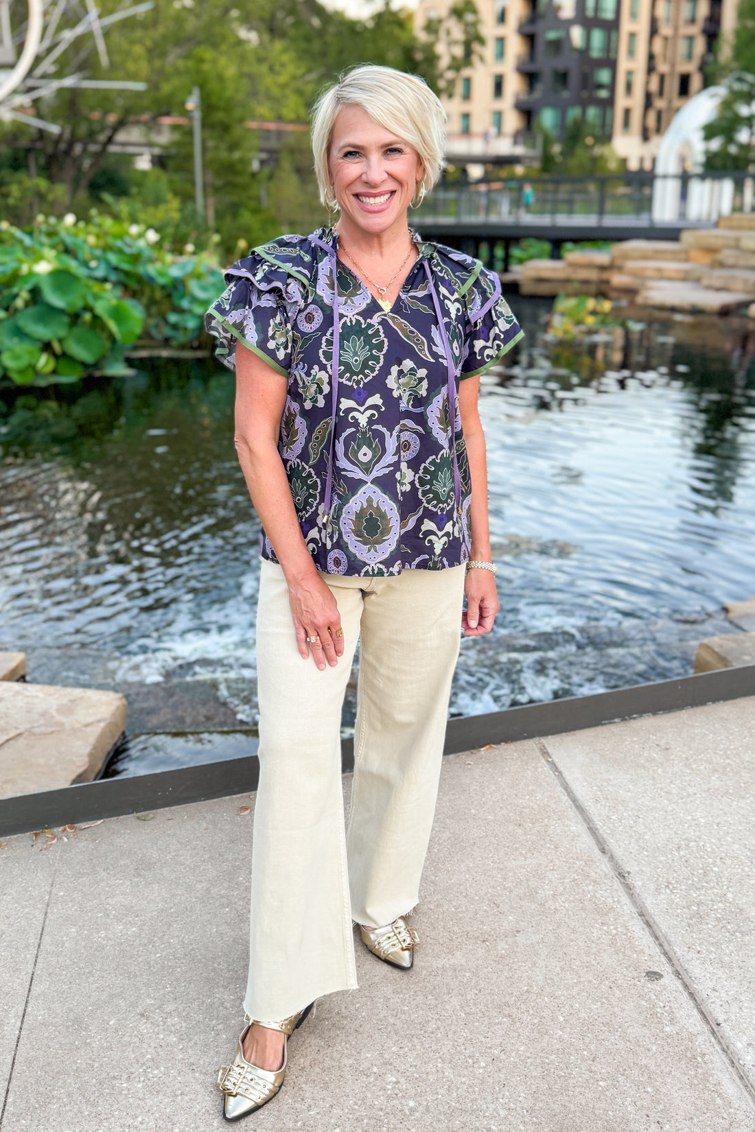 Enchanted Evenings Purple &amp; Multi Printed Flutter Sleeve Top by Entro