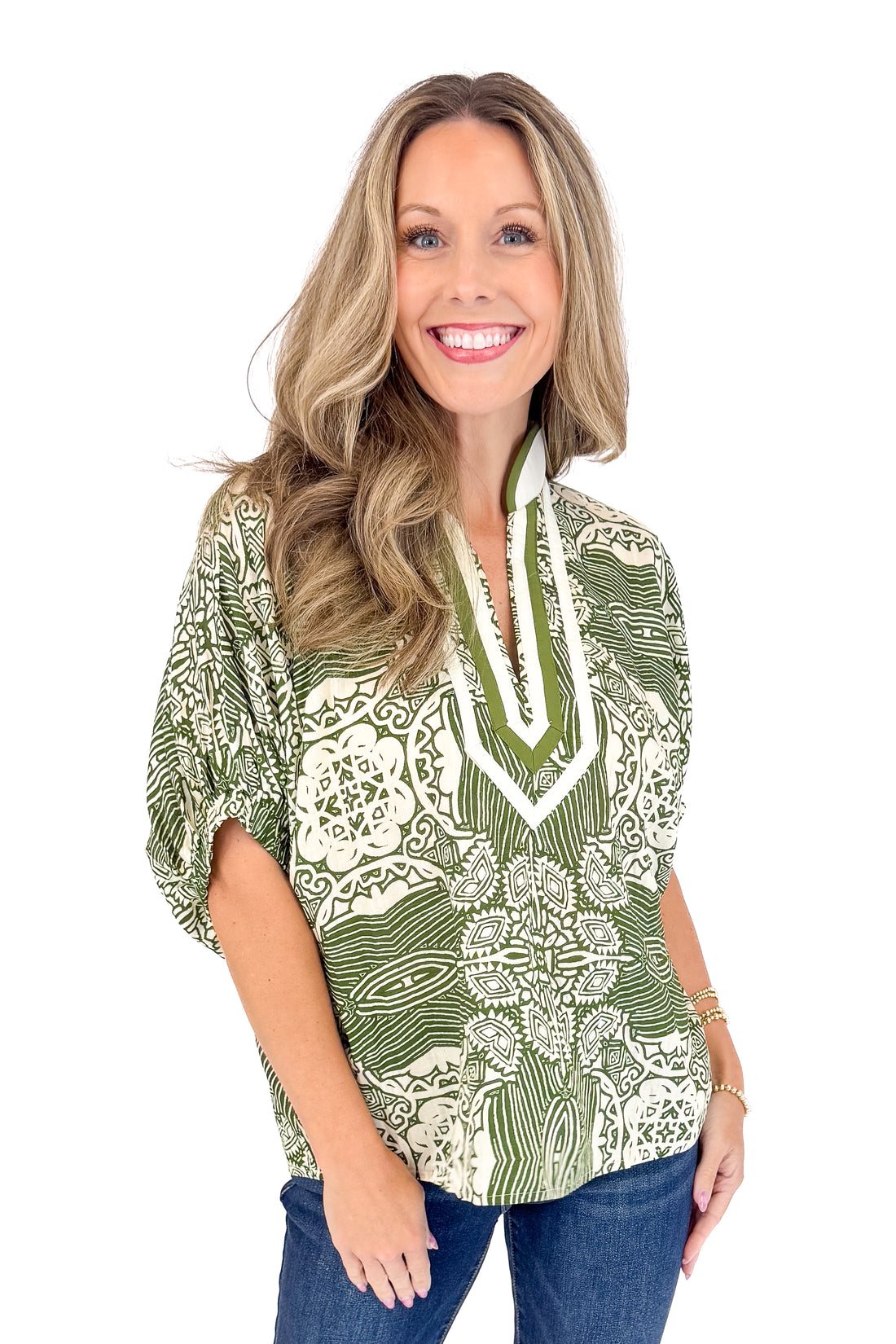 Keep It Cool Olive Abstract Print With V-neck Lining Detail Top