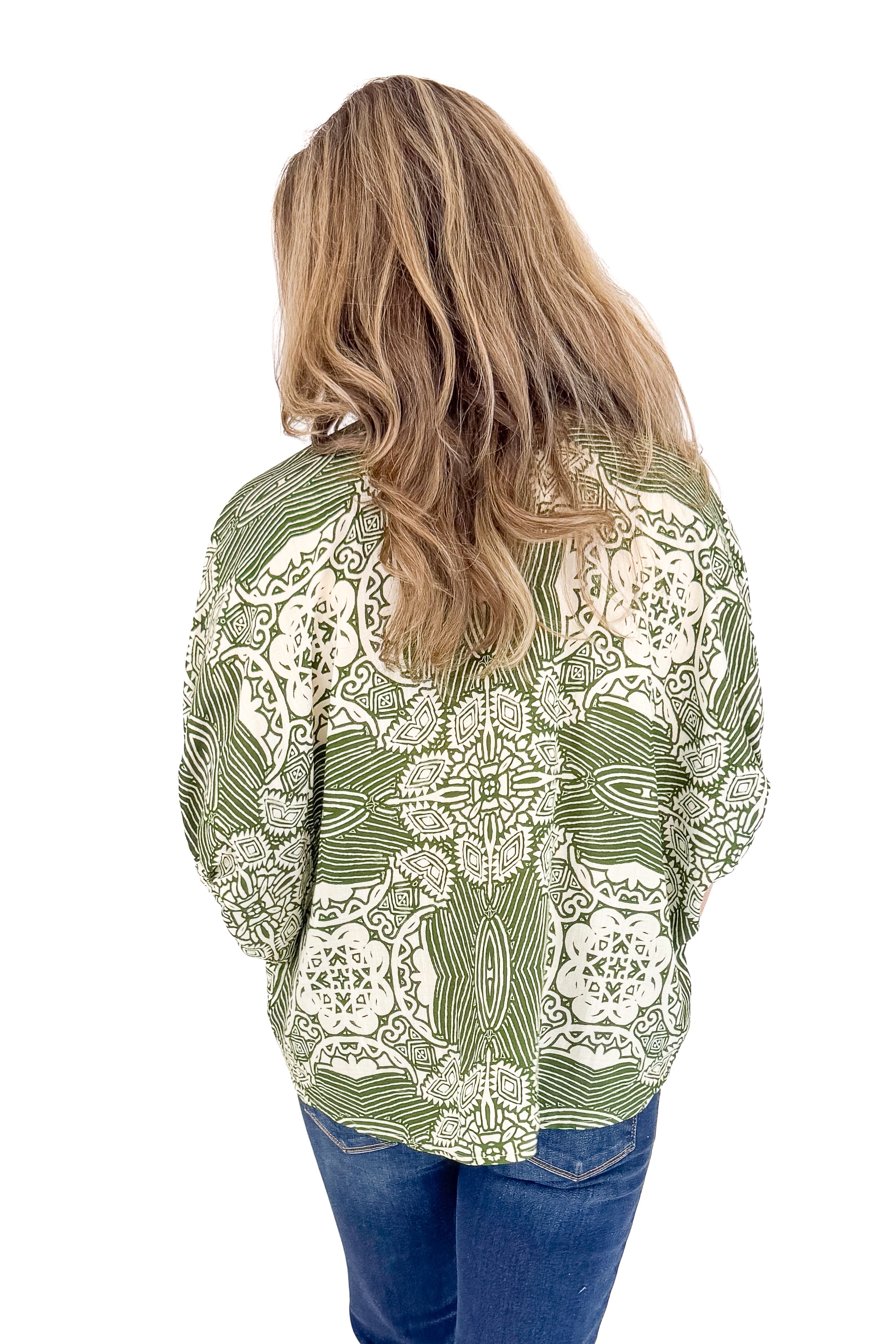 Keep It Cool Olive Abstract Print With V-neck Lining Detail Top
