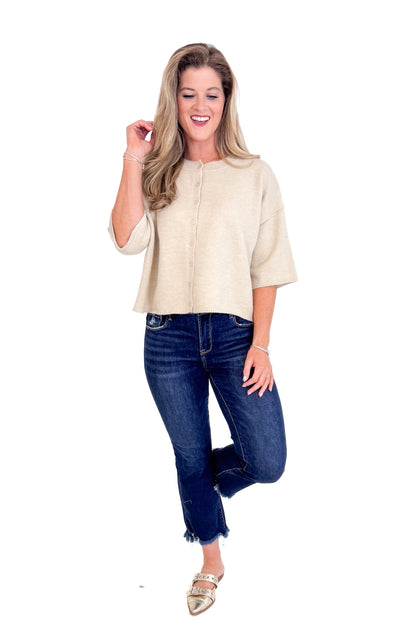 No Holding Back Ecru Button Up Short Sleeve Cardigan