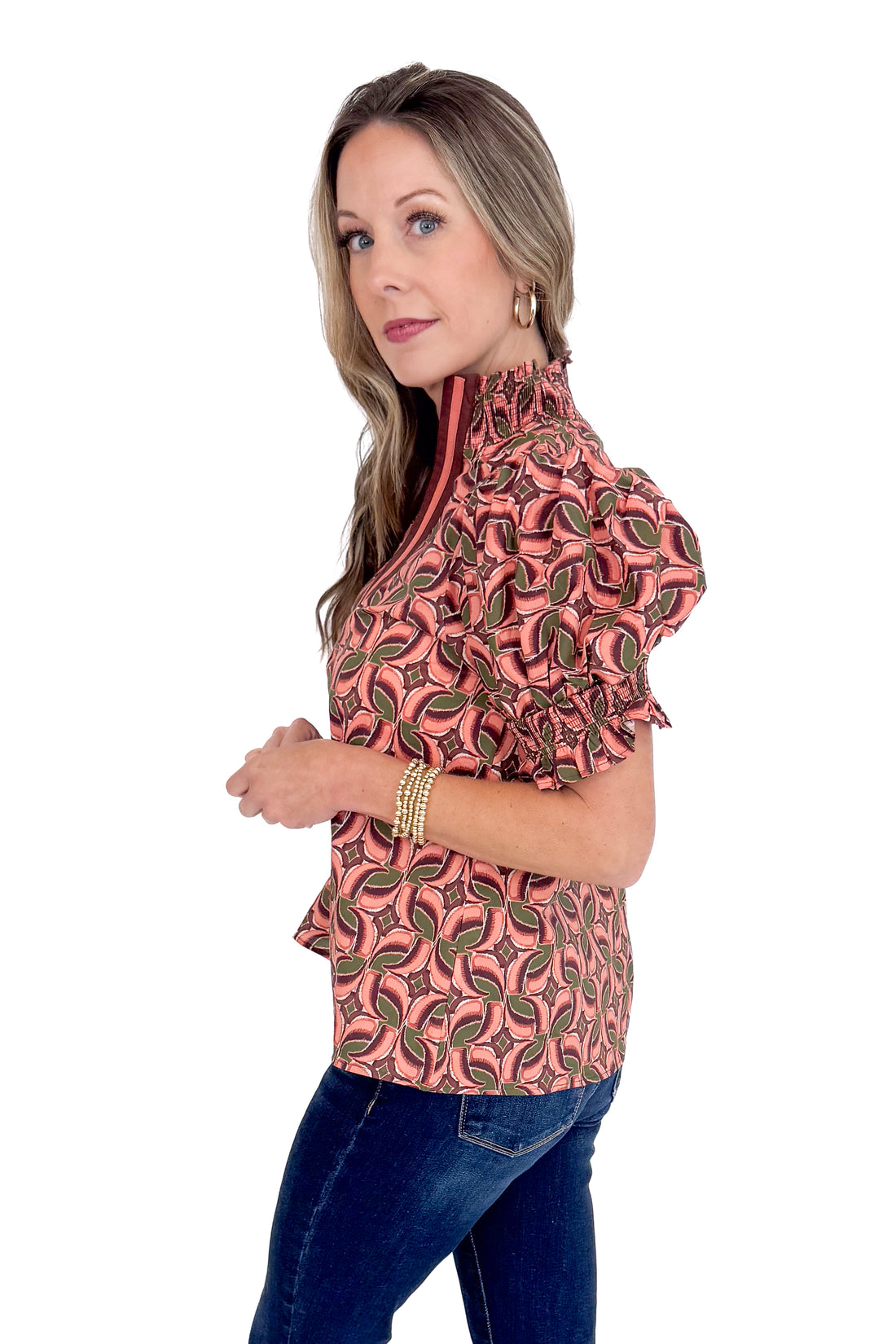 Against The Grain Terra Cotta Multi Printed Stripe Detail Top by Entro