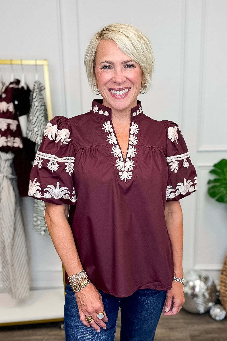 My First Thought Burgundy Embroidered Sleeve V-neck Top by Entro
