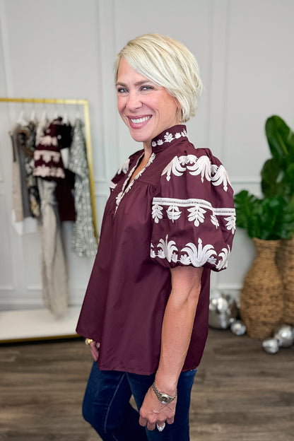 My First Thought Burgundy Embroidered Sleeve V-neck Top by Entro