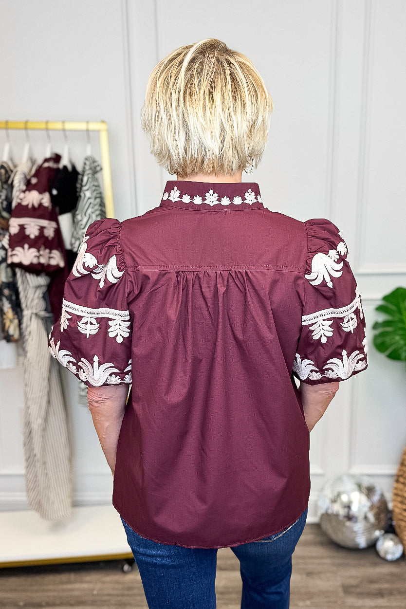 My First Thought Burgundy Embroidered Sleeve V-neck Top by Entro