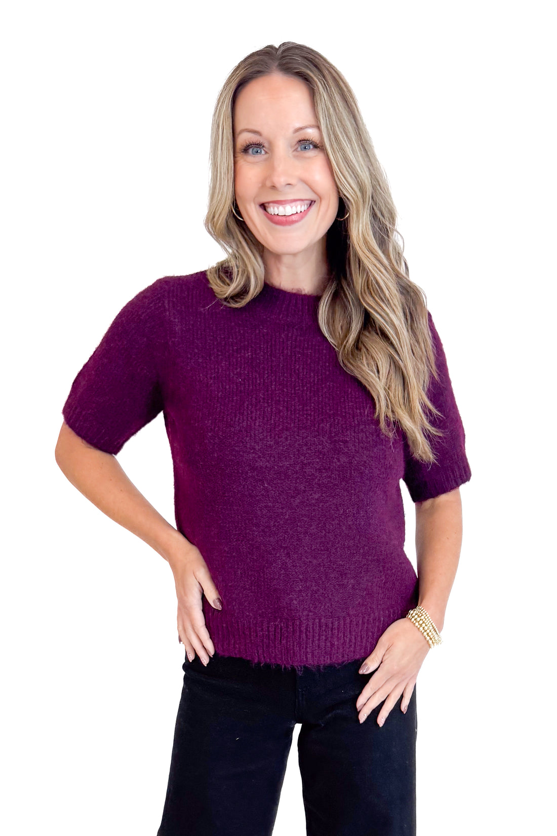 Just My Type Wine Short Sleeve Fuzzy Sweater by Entro