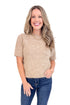 Woman wearing Mocha Short Sleeve Fuzzy Sweater by Entro and blue jeans with white studio background. 