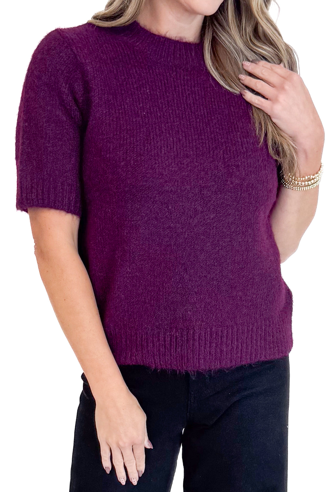 Just My Type Wine Short Sleeve Fuzzy Sweater by Entro