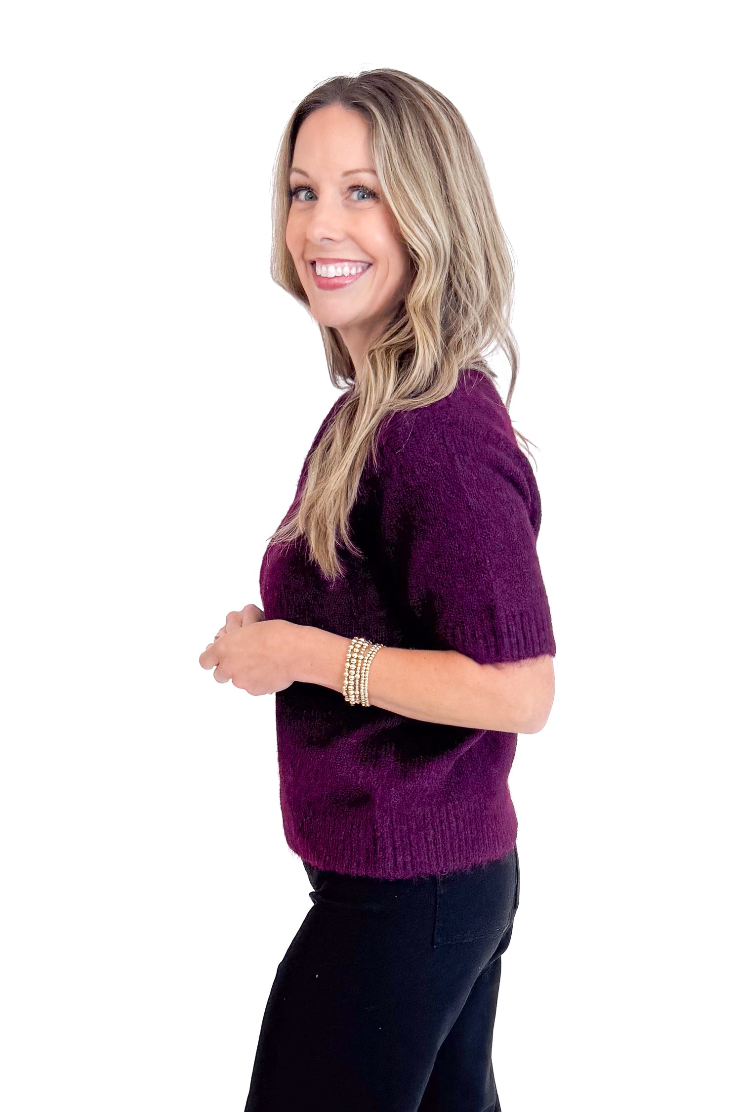 Just My Type Wine Short Sleeve Fuzzy Sweater by Entro