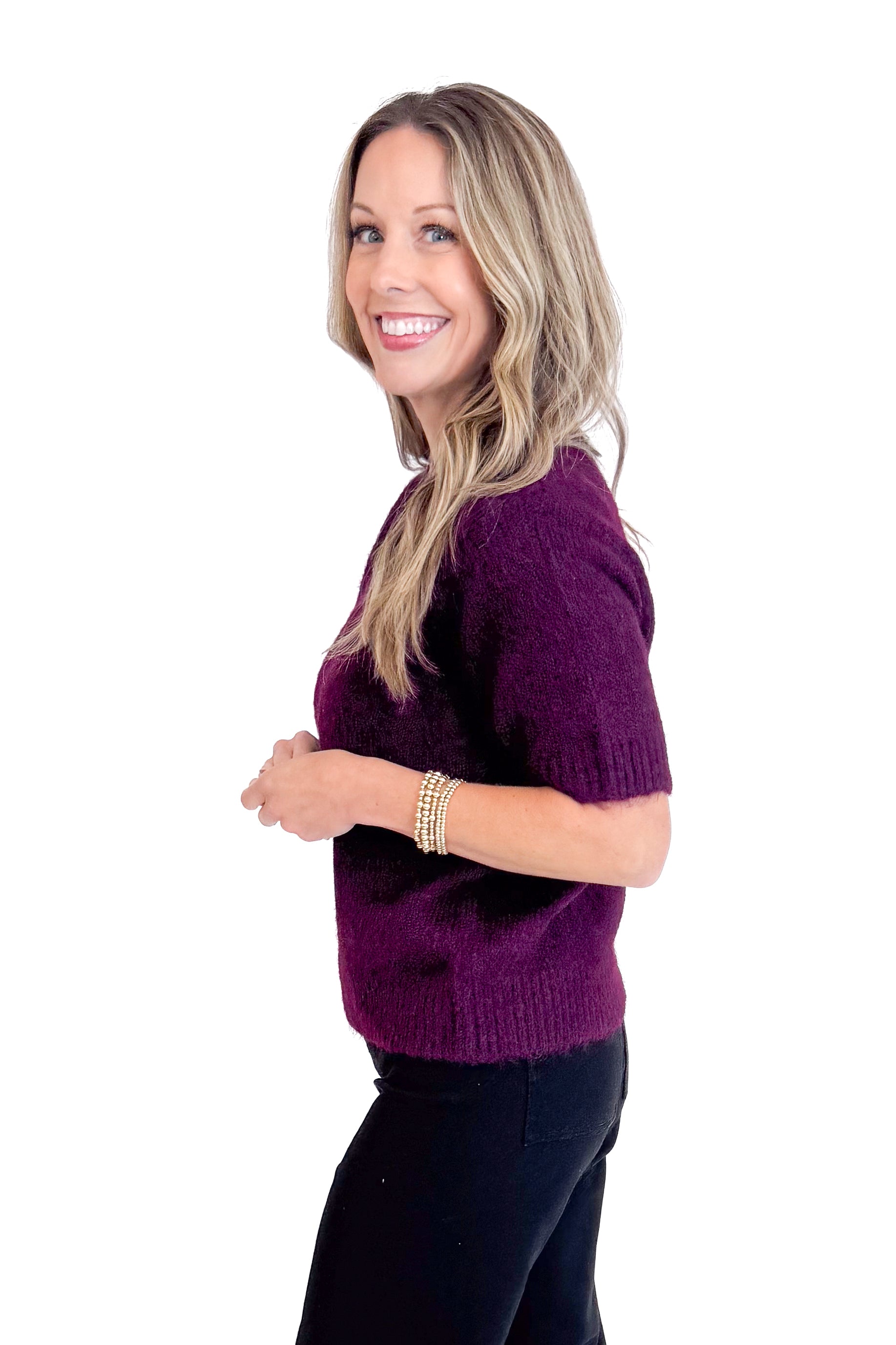 Just My Type Wine Short Sleeve Fuzzy Sweater by Entro
