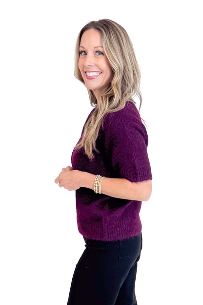 Just My Type Wine Short Sleeve Fuzzy Sweater by Entro