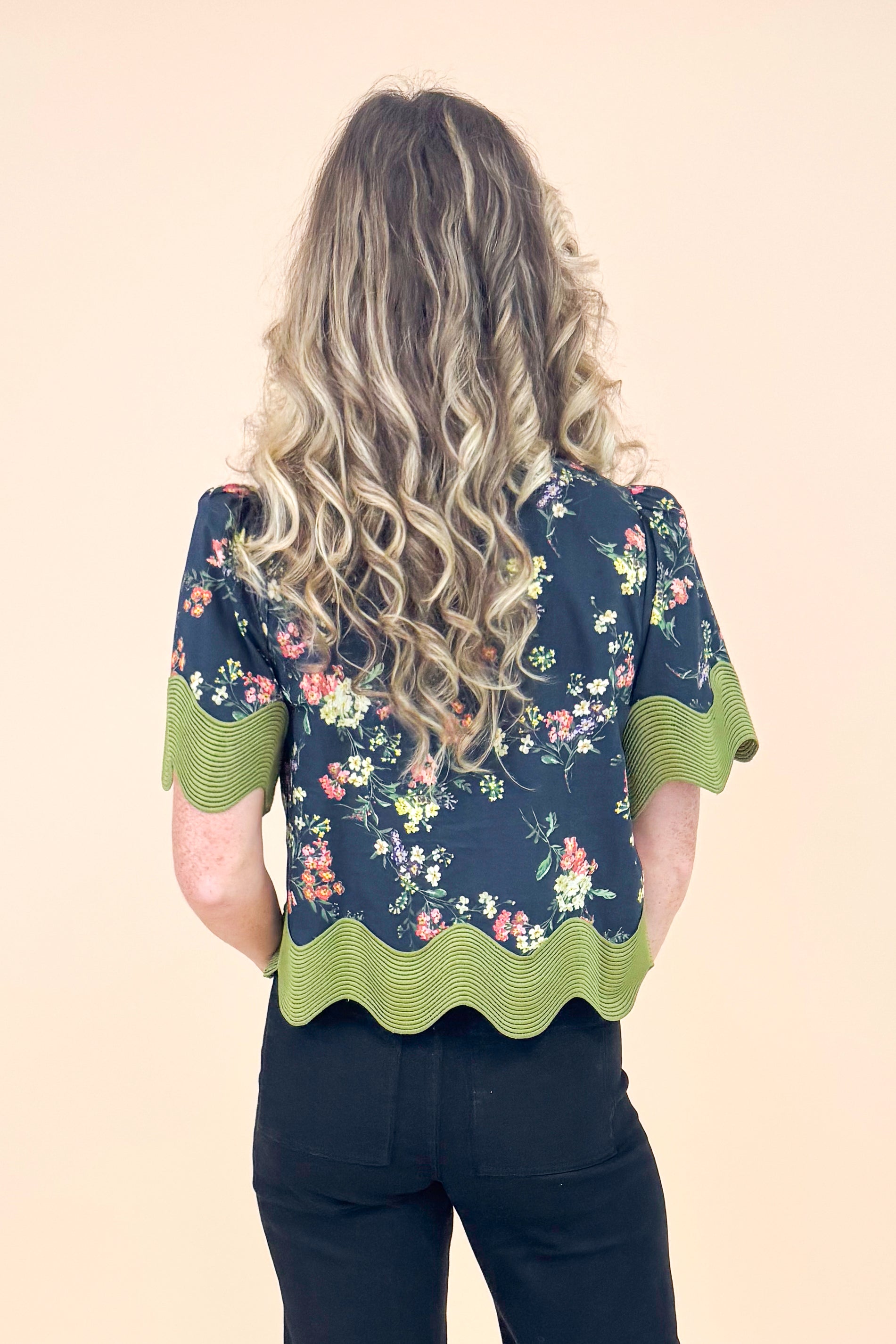 Just Because Black Floral Print With Olive Textured Scallop Lining Top