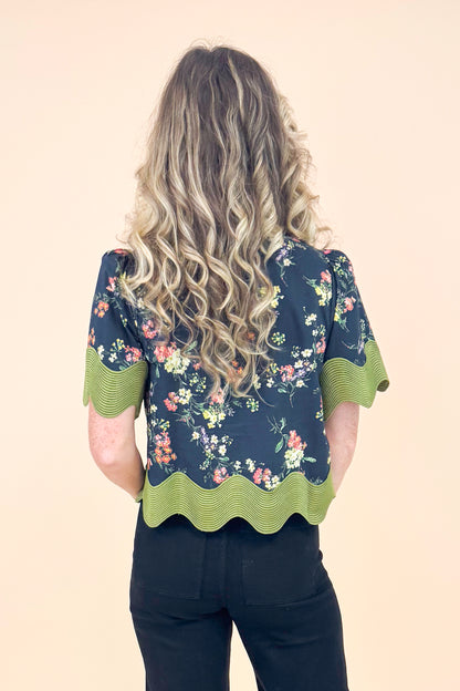 Just Because Black Floral Print With Olive Textured Scallop Lining Top