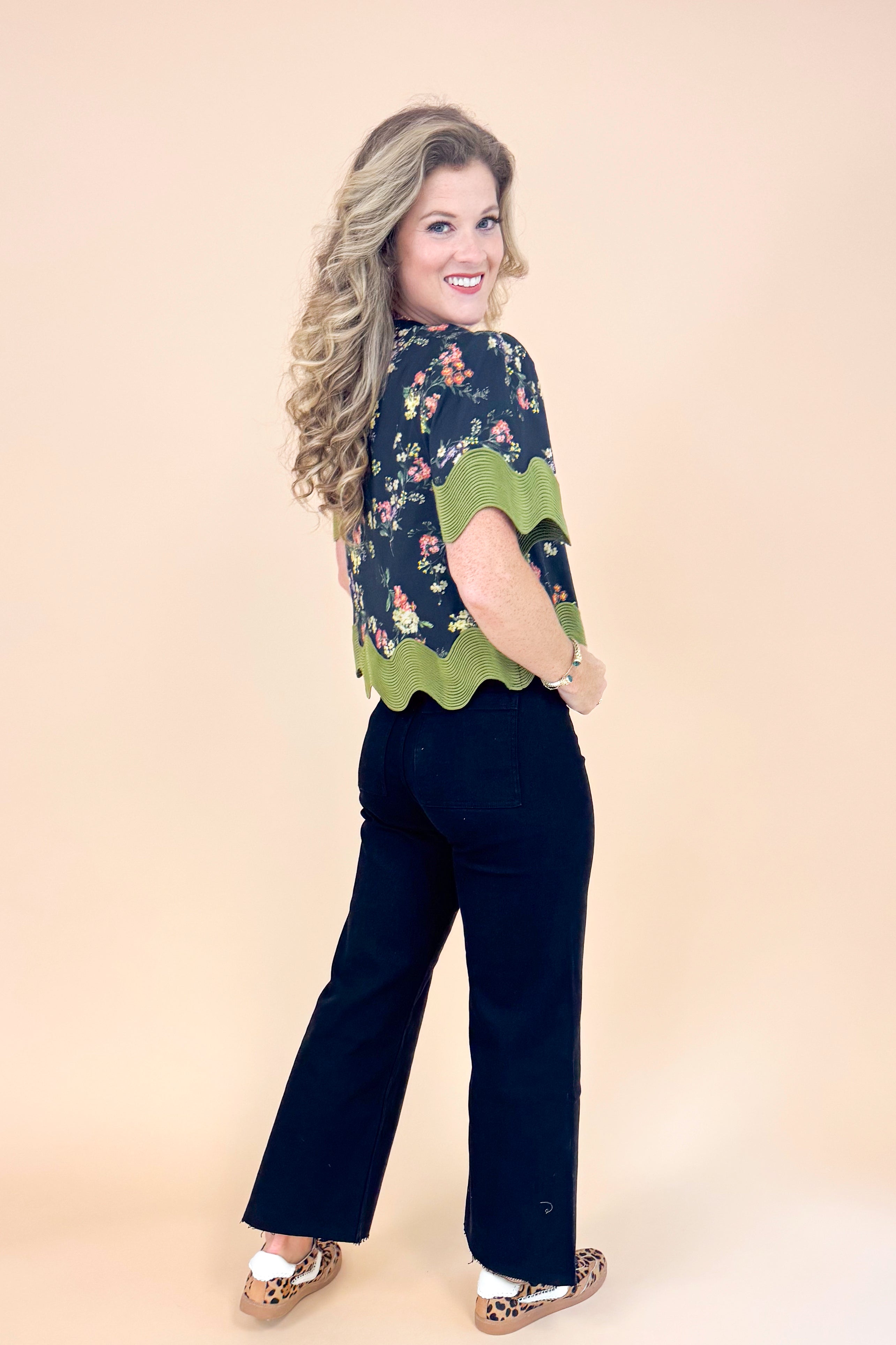 Just Because Black Floral Print With Olive Textured Scallop Lining Top