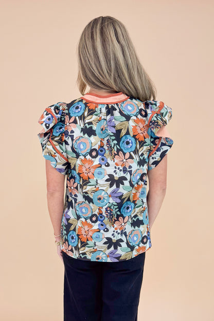 On The Go Multi Floral With Rust Stripe Detail Flutter Sleeve Top by Entro