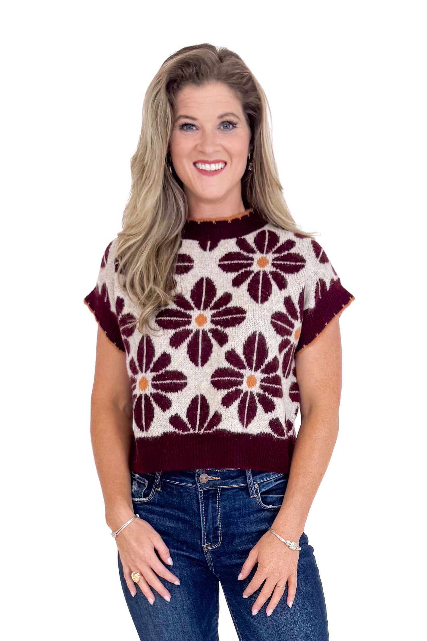 Toast To Tonight Wine Floral Print Short Sleeve Sweater by Entro
