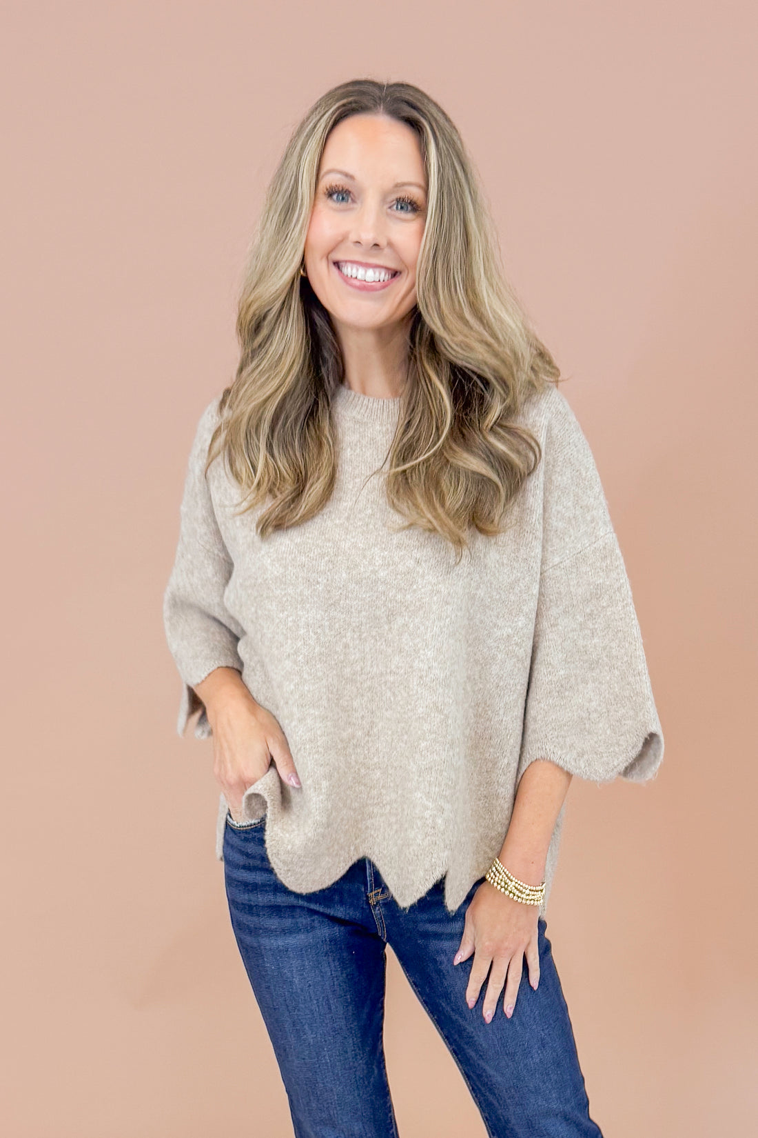 Good As Gold Taupe Scallop Hem Short Sleeve Sweater