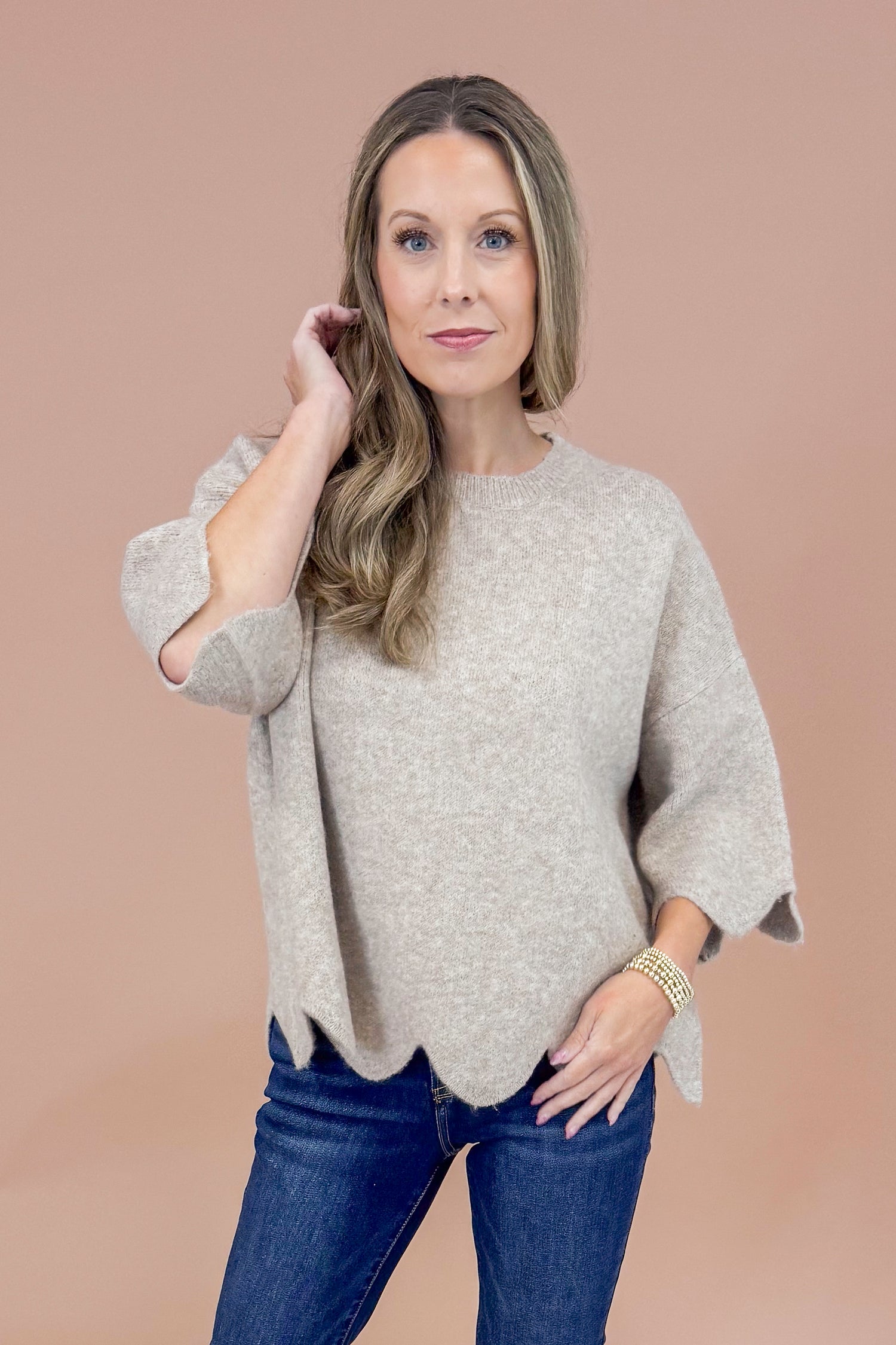 Good As Gold Taupe Scallop Hem Short Sleeve Sweater