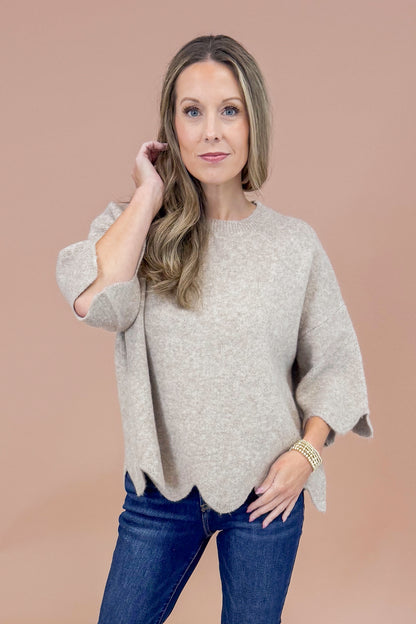 Good As Gold Taupe Scallop Hem Short Sleeve Sweater