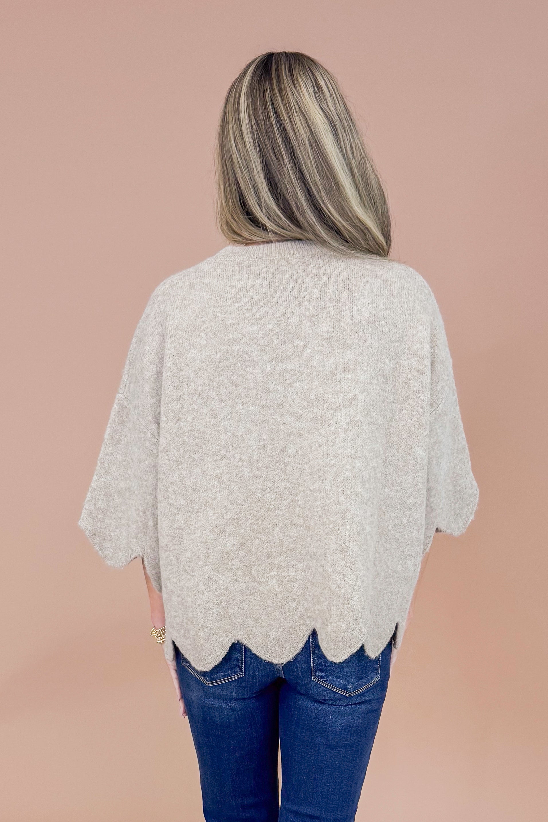 Good As Gold Taupe Scallop Hem Short Sleeve Sweater